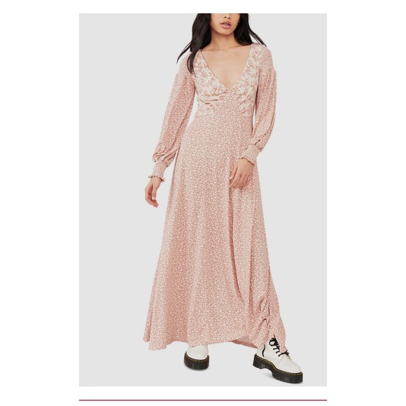 Free People Dresses & Skirts - Free People Pink Floral Print Maxi Dress Back Cutout Long Sleeve Boho XL